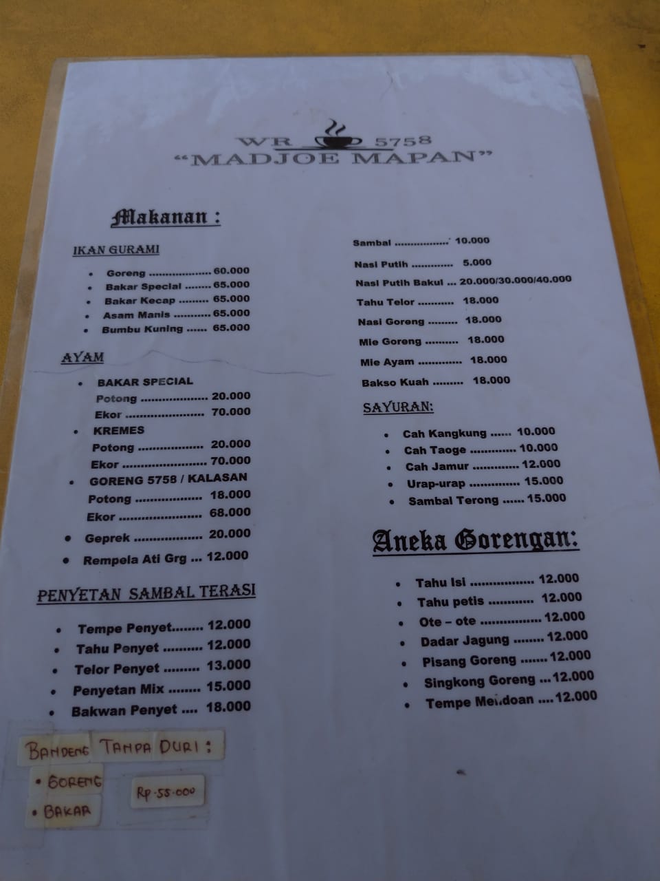 menu dan harga Warung 5758 Maju Mapan, Pacet-2