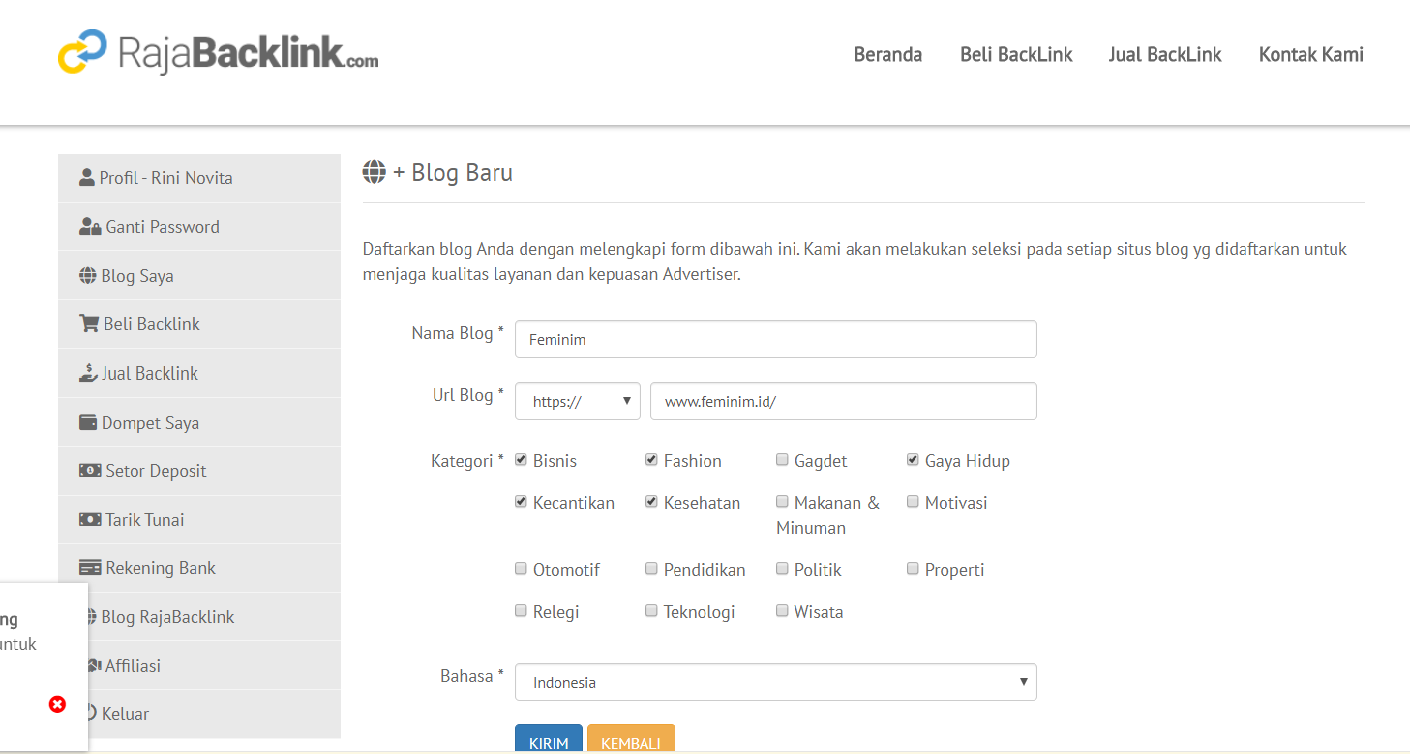 dapat job blogger dan uang dari rajabacklink