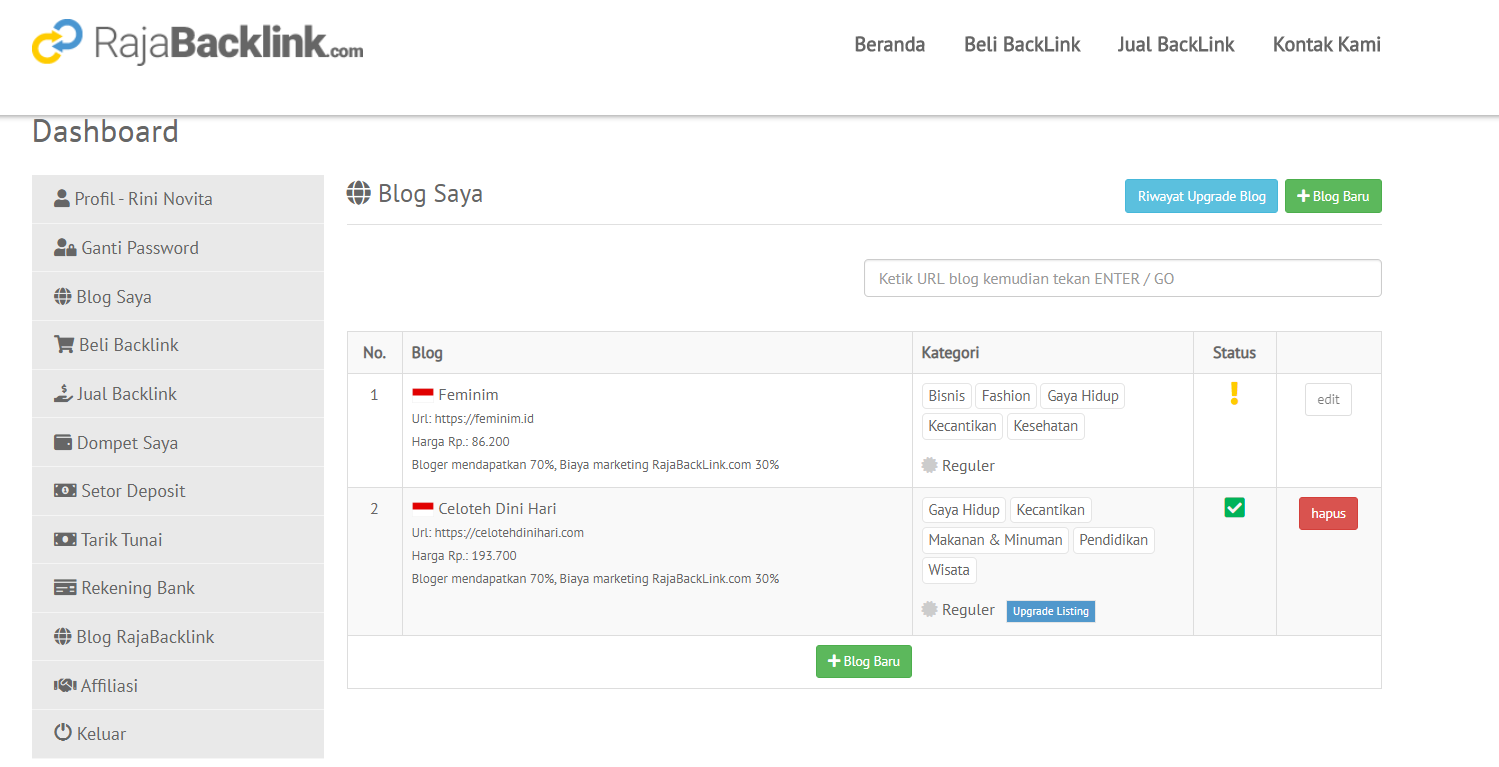 dapat job blogger dan uang dari rajabacklink